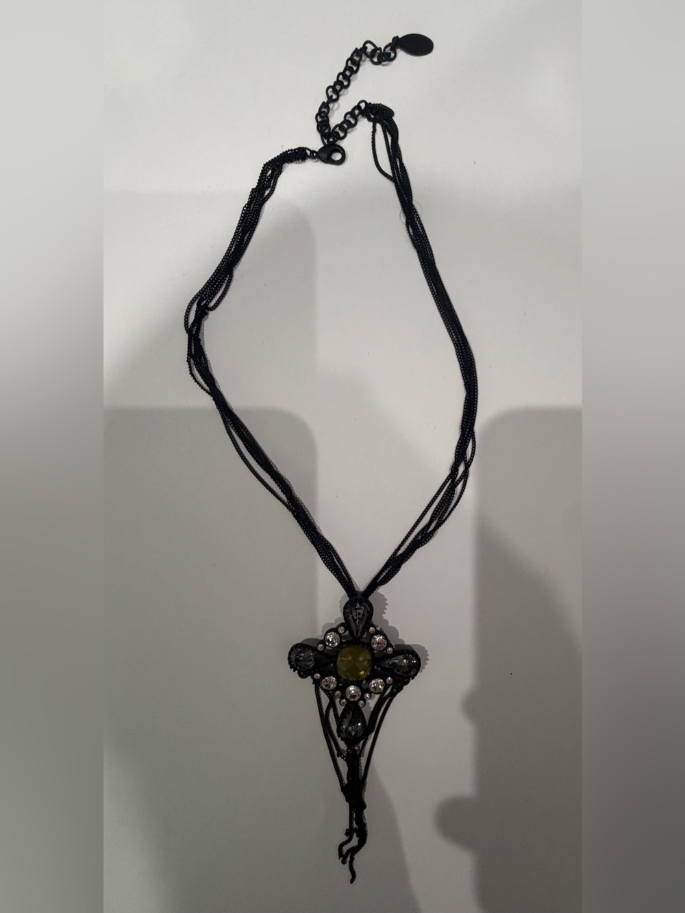 Black Multi-Strand Necklace with Green Stone Pendant